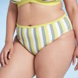 Kona Sol Women's Plus 2X Yellow Gray White Stripe Hipster Bikini Bottoms NWT